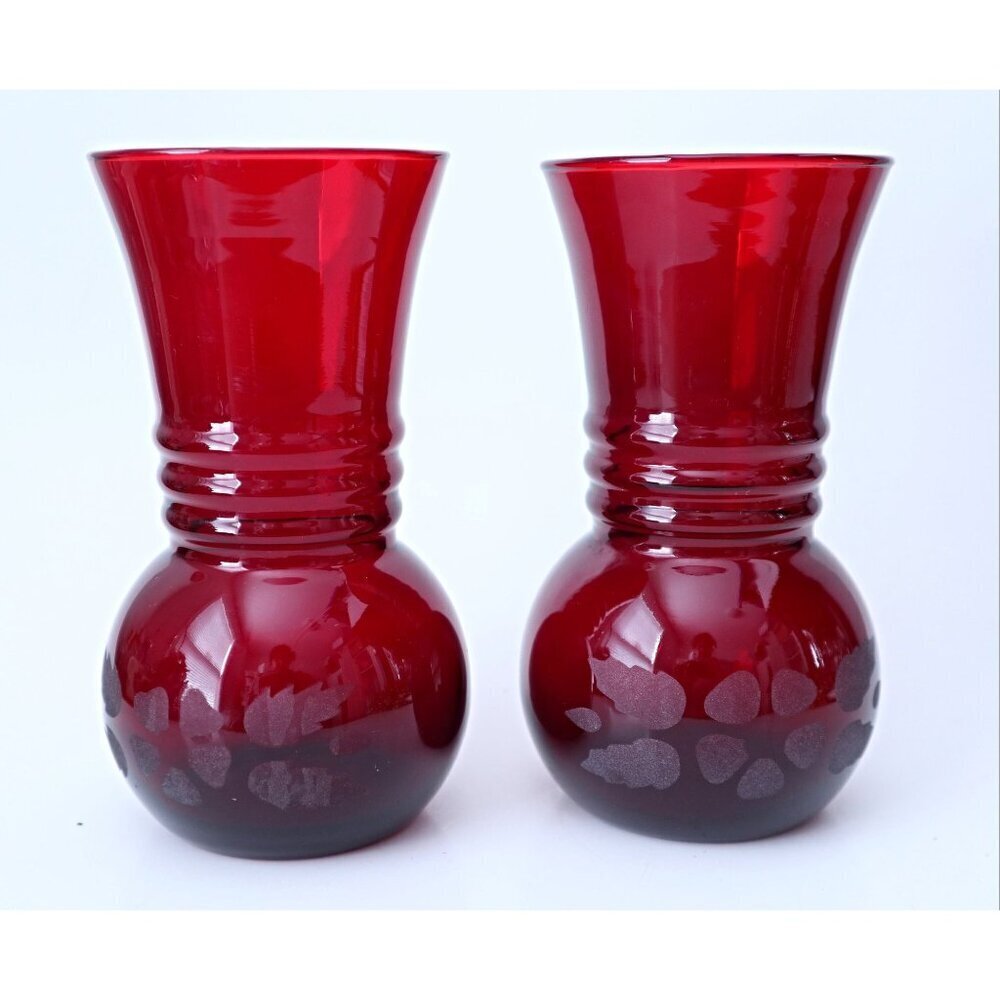 2 Vintage Royal Ruby Vases Etched Charm Anchor Hocking Vase 1940's